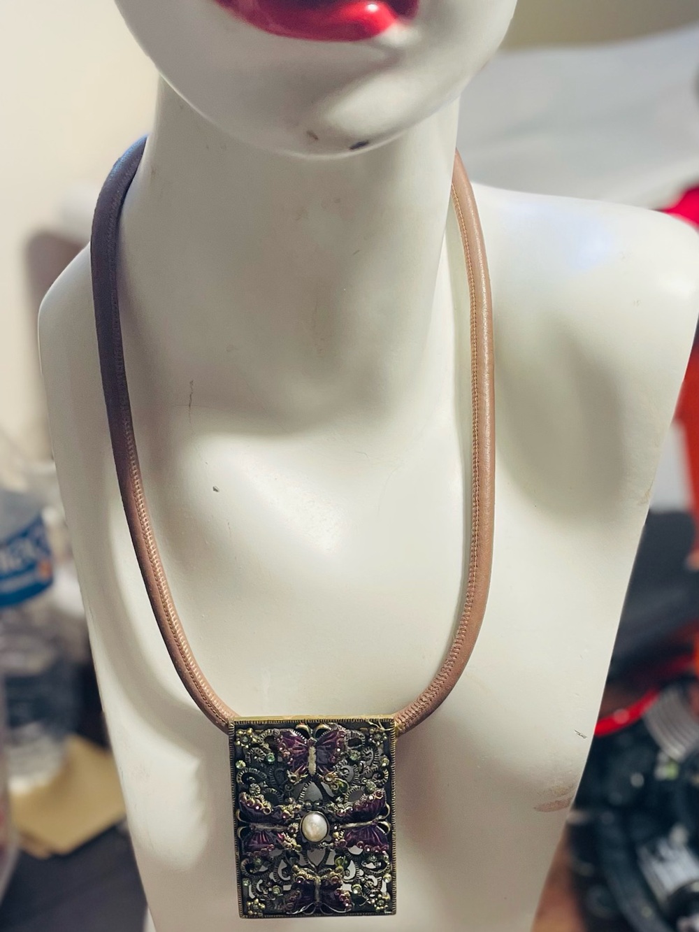 Women’s Brown Cord Necklace with Ornate Rectangular Pendant